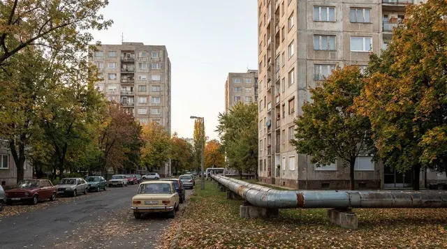 Többemeletes lakótelepi panelházak sora fák között, előttük parkoló autók